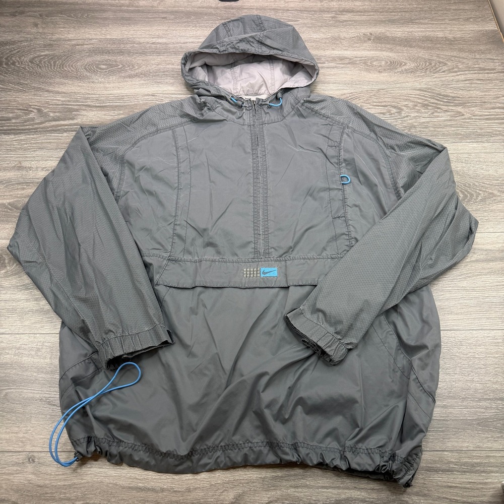 Vintage Nike Windbreaker Mens XXL Gray 1/2 Zip Oversized Hooded Hex Pattern Y2K